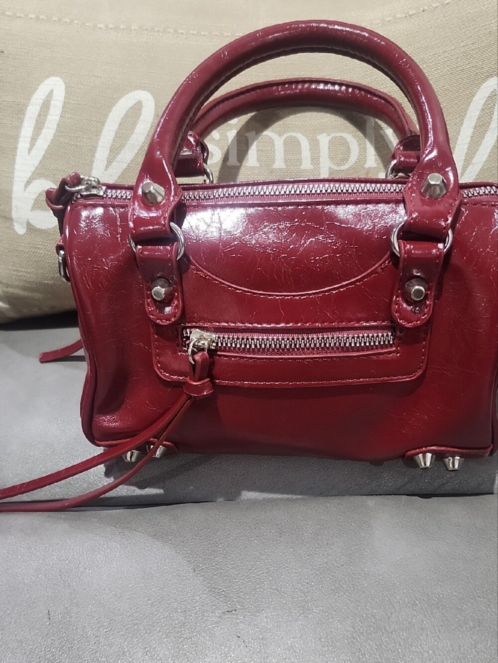 Glossy Vegan Leather Burgundy Dome Satchel/Crossbody Wirh Charm - Picture 4 of 11